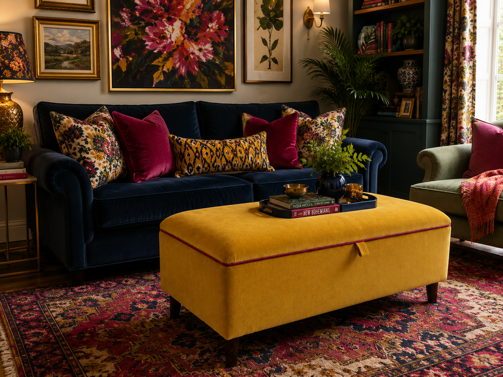 A styled living room featuring a deep navy blue velvet sofa with patterned and solid accent pillows, a mustard yellow upholstered ottoman coffee table with pink piping, and a large red and blue oriental rug.