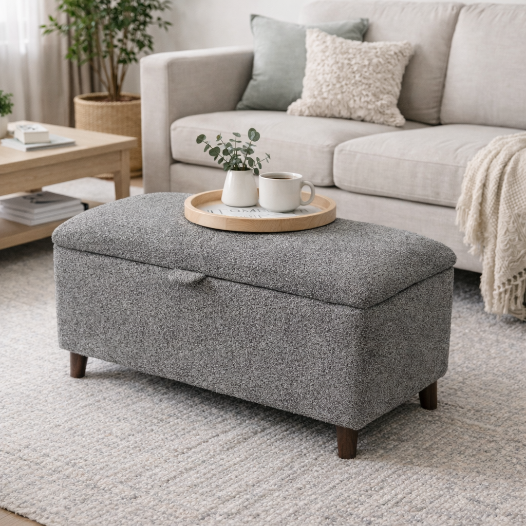 Gray storage ottoman in a living room with a coffee table and couch.