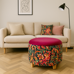 Round Footstool in Pink and Green Floral Botanical Velvet