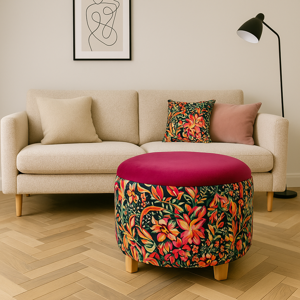 Round Footstool in Pink and Green Floral Botanical Velvet