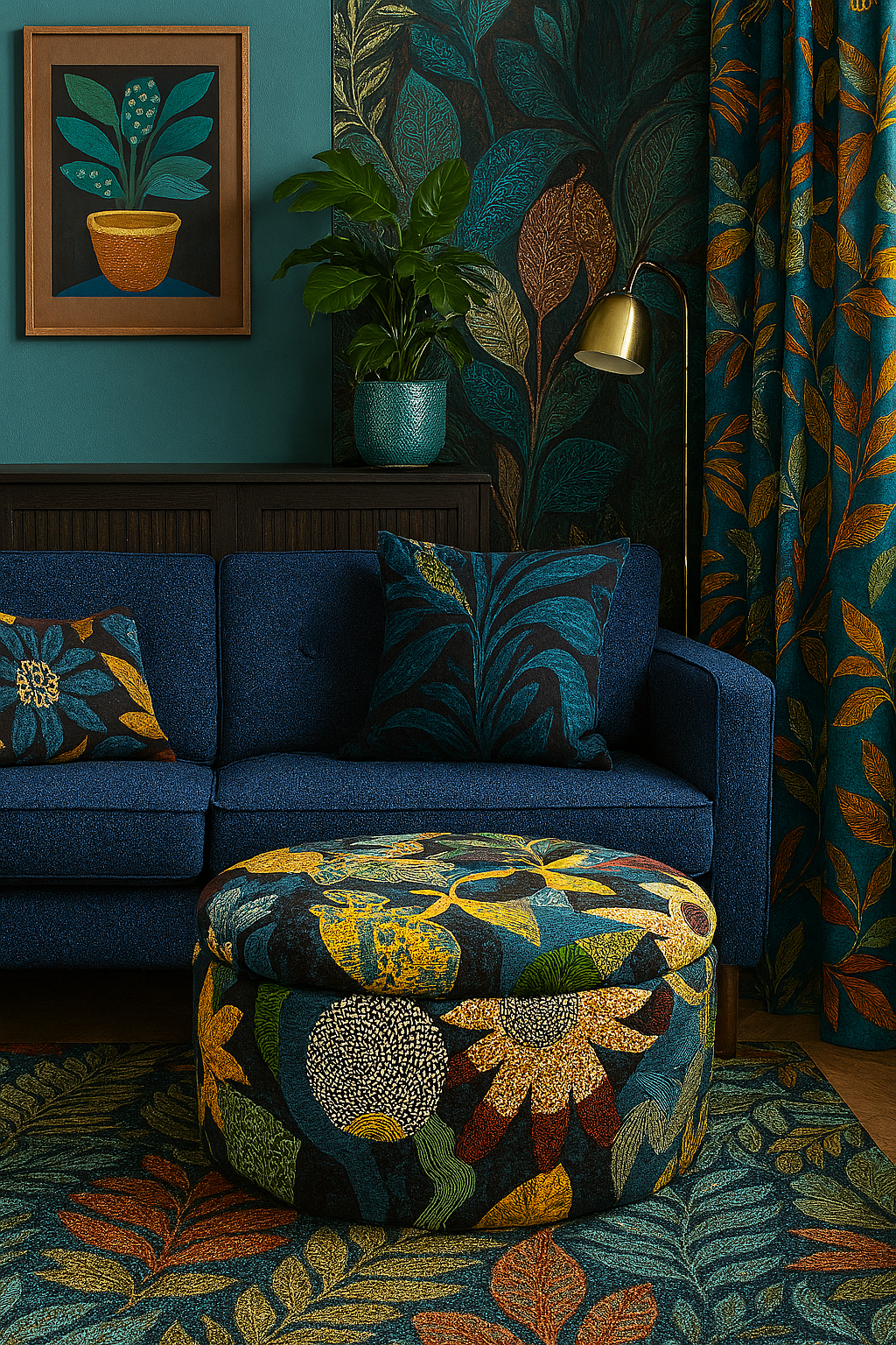 Storage Ottoman Pouffe in Designer Tropical LELIEVRE Fabric