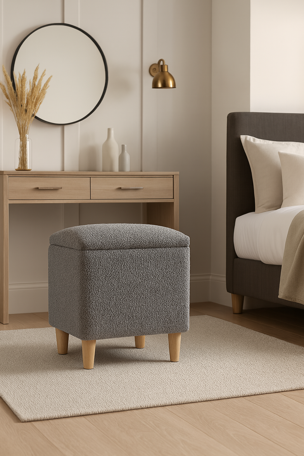 Slim Boucle Dressing Table Stool with Wooden Legs