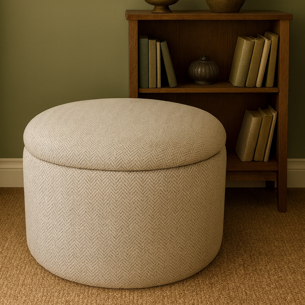 Round beige ottoman in a room with a bookshelf, lamp, and painting on the wall.