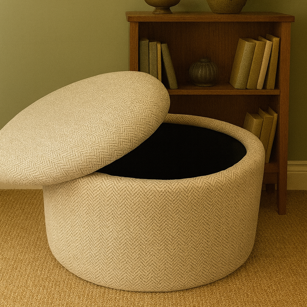 Round storage ottoman with an open lid in a room with a bookshelf and lamp.