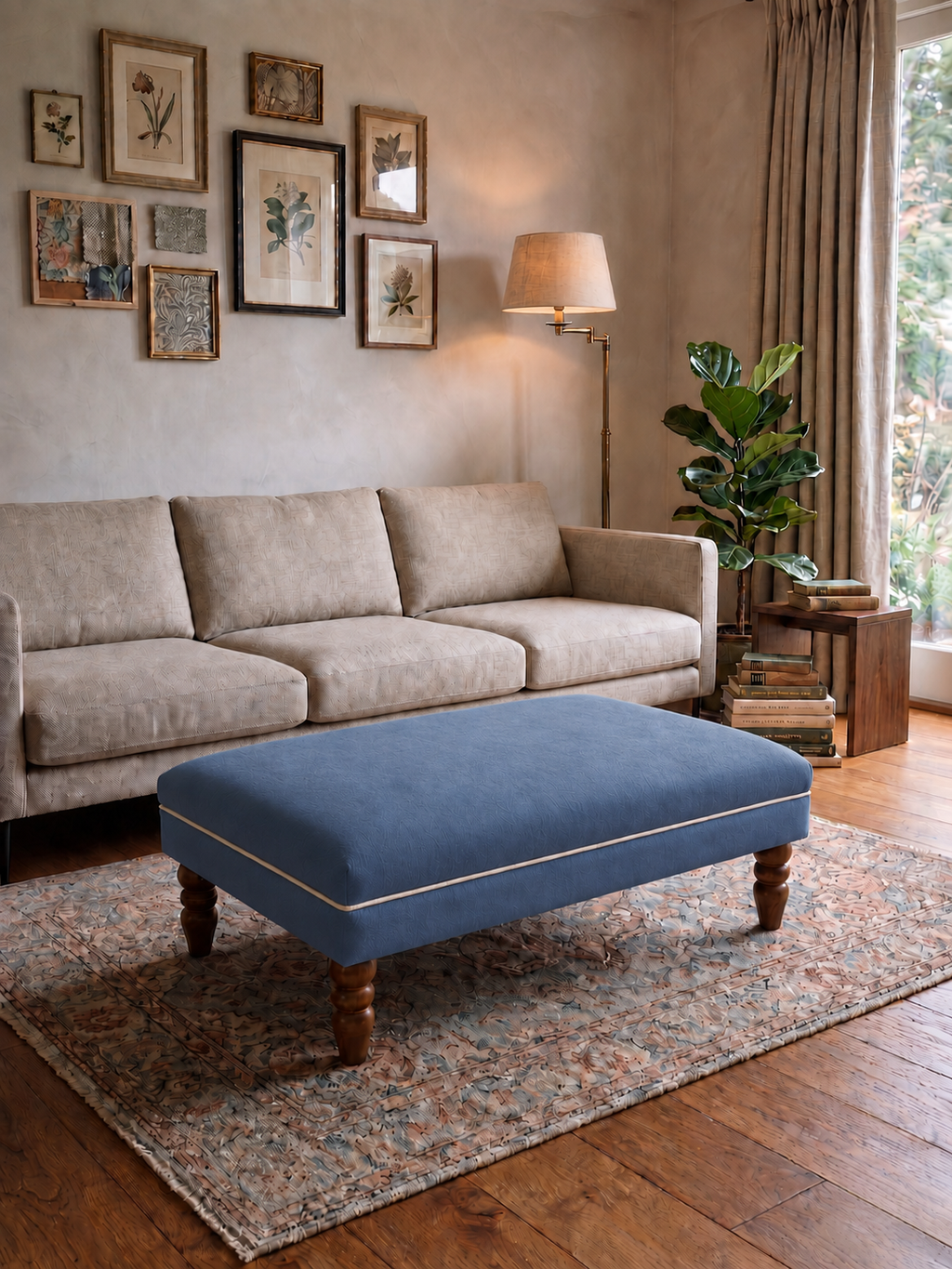 A blue upholstered rectangular ottoman with turned wooden legs and thin cream piping, placed in a styled living room in front of a beige sofa on a patterned rug.