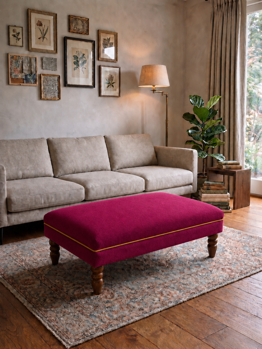 A bright magenta velvet rectangular ottoman with gold piping and turned wooden legs, styled in a cozy living room setting on a patterned rug in front of a beige sofa.