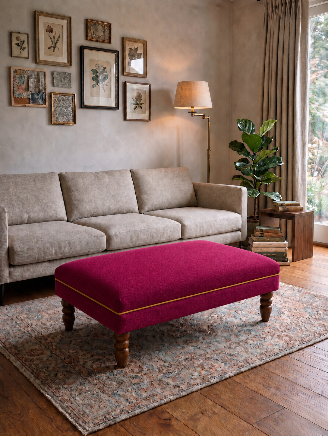 A bright magenta velvet rectangular ottoman with gold piping and turned wooden legs, styled in a cozy living room setting on a patterned rug in front of a beige sofa.