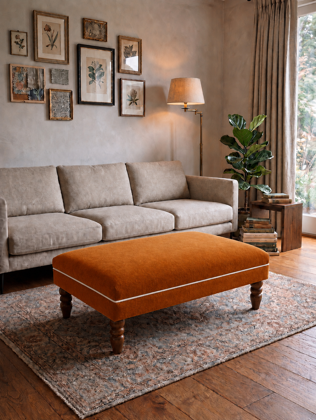 An orange velvet rectangular ottoman with turned wooden legs and white piping, positioned in a styled living room in front of a beige sofa on a patterned rug.