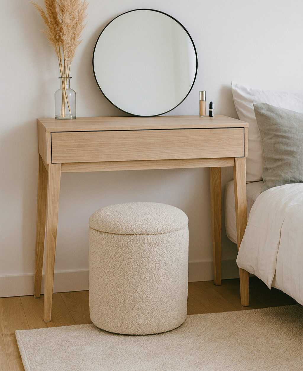 Wooden vanity table with round mirror, vase, and small cream boucle stool in a bedroom setting.