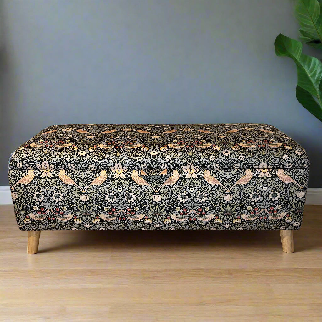 Storage Ottoman Footstool in Black Strawberry Thief Velvet