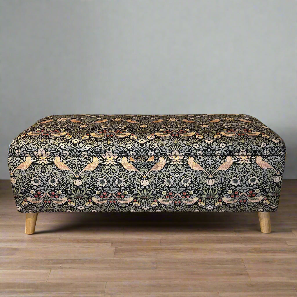 William Morris Strawberry Thief velvet storage ottoman footstool with black background