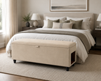 Beige bedroom with an end of bed storage bench featuring a side opening for a pet house