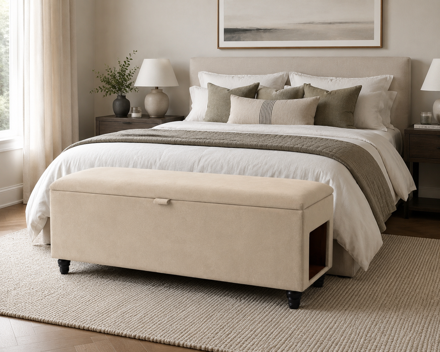 Beige bedroom with an end of bed storage bench featuring a side opening for a pet house