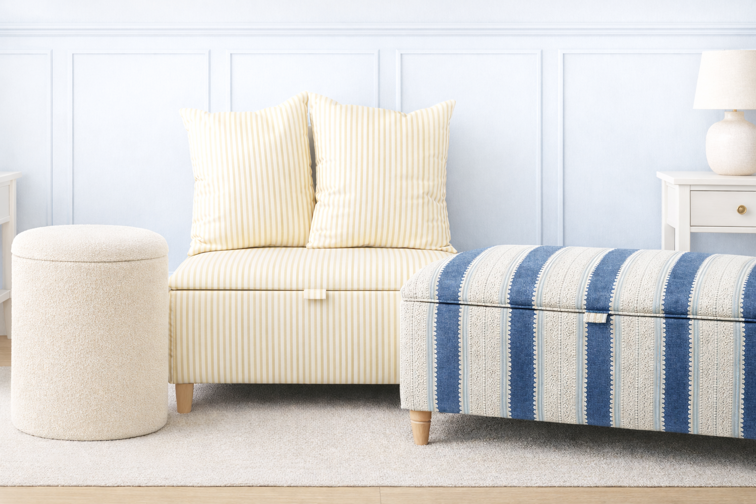 Decorative Footstool with striped cushions and a blue Linwood stripe storage ottoman in a room with white walls and a lamp.