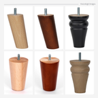 Set of six wooden furniture legs in different colors on a white background.