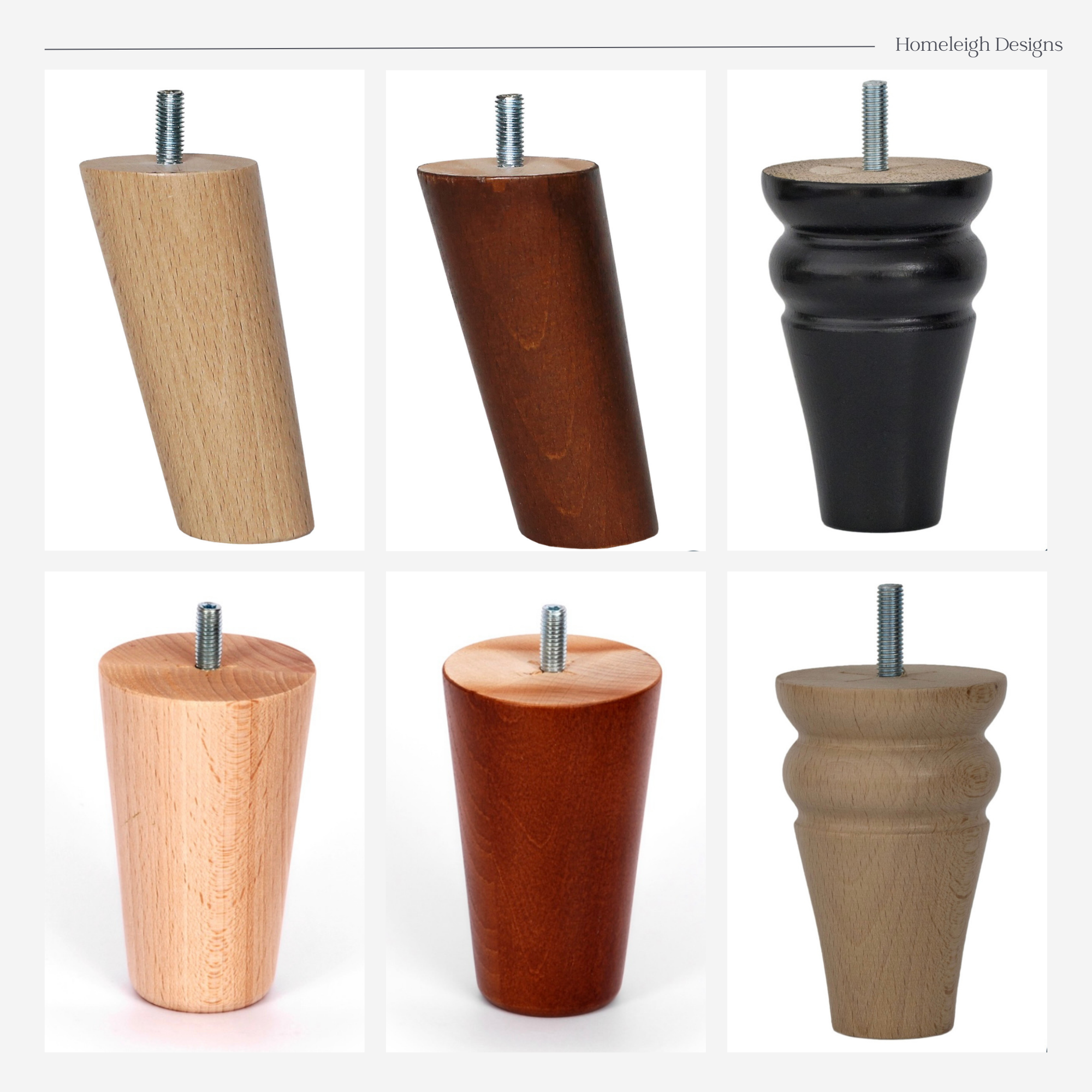 Set of six wooden furniture legs in different colors on a white background.