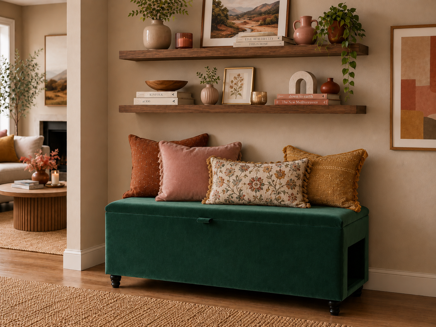 Green storage bench with a side opening for a dog/cat entrance with decorative pillows in a living room setting.