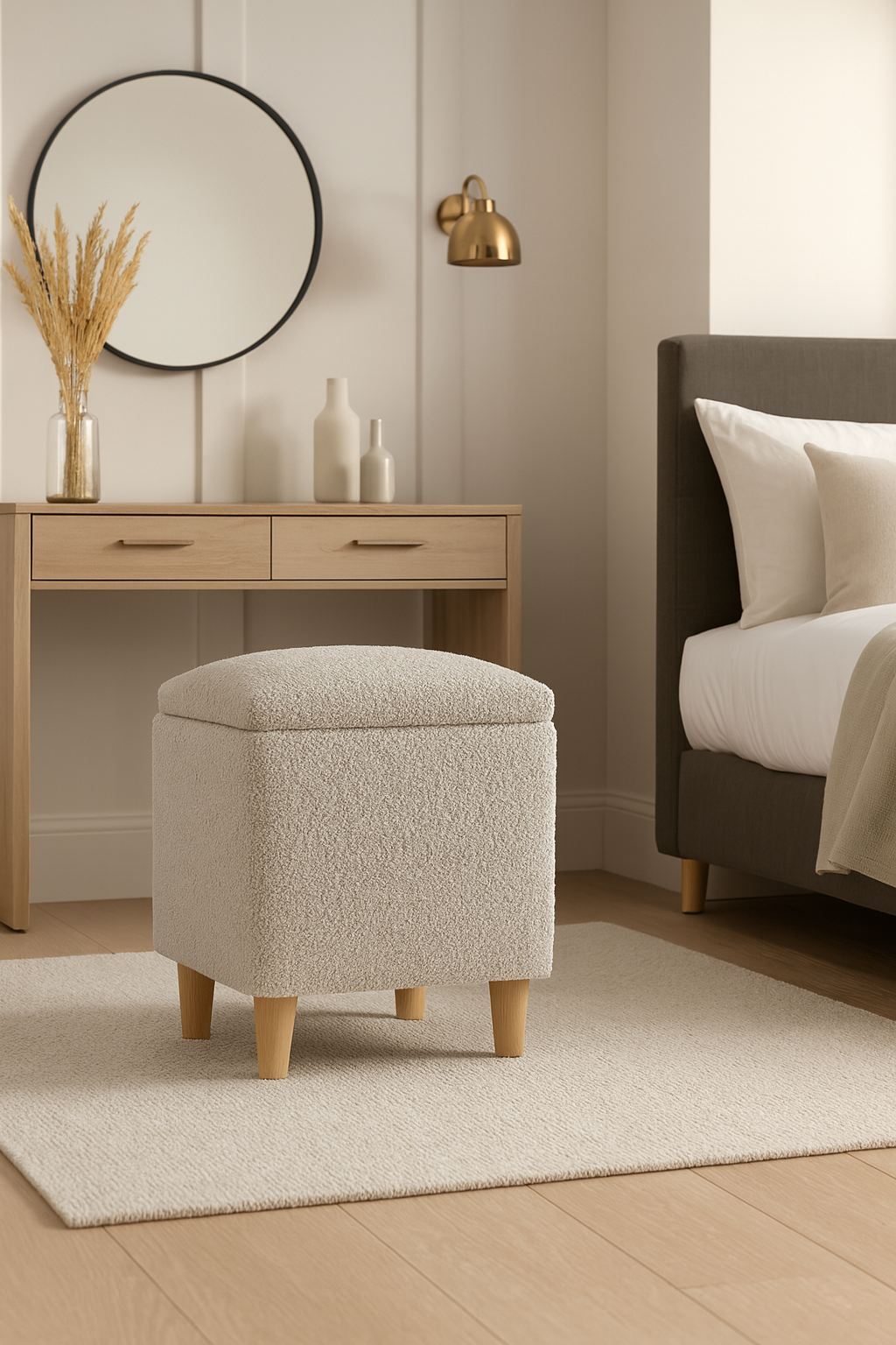 Grey ottoman in a bedroom setting with a bed and dresser.