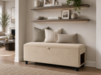 Beige storage bench with a side cut out for a pet house in a hallway room setting