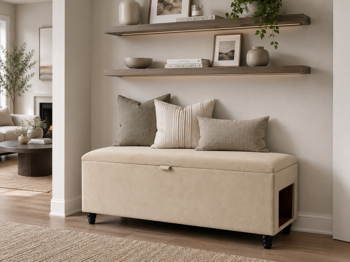 Beige storage bench with a side cut out for a pet house in a hallway room setting