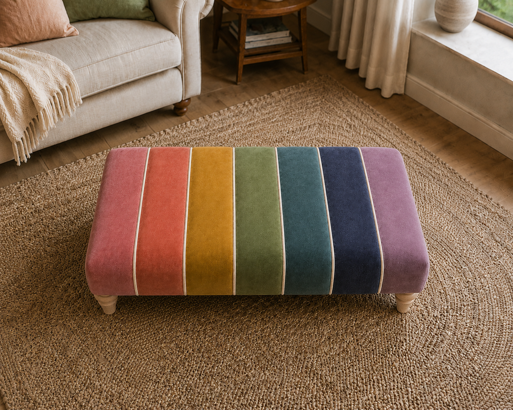 A rectangular upholstered ottoman with vertical rainbow-colored stripes in pink, coral, mustard, green, teal, navy, and lavender, shown in a styled living room on a woven rug.