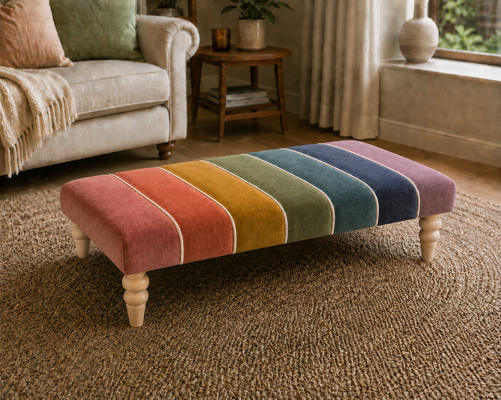 A rectangular upholstered ottoman bench with a striped rainbow design in velvet fabric, featuring turned wooden legs, set in a cozy living room on a textured rug.