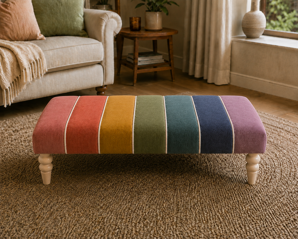 A rectangular upholstered ottoman with turned wooden legs, featuring vertical rainbow-colored stripes in pink, red, orange, yellow, green, teal, blue, and purple separated by thin white lines. It is placed on a textured beige rug in a living room setting with a sofa and side table in the background.
