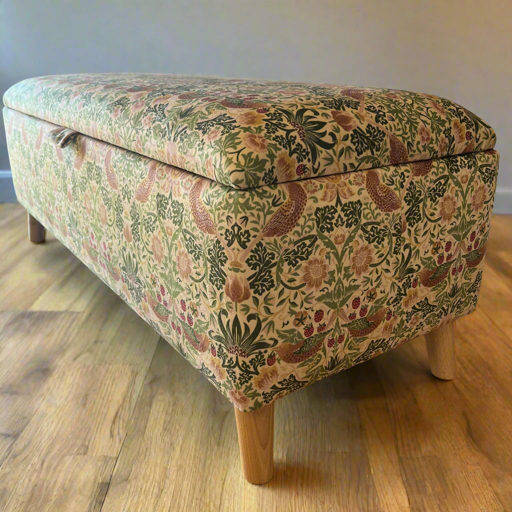 Storage Ottoman Footstool in Vintage Light Strawberry Thief Velvet