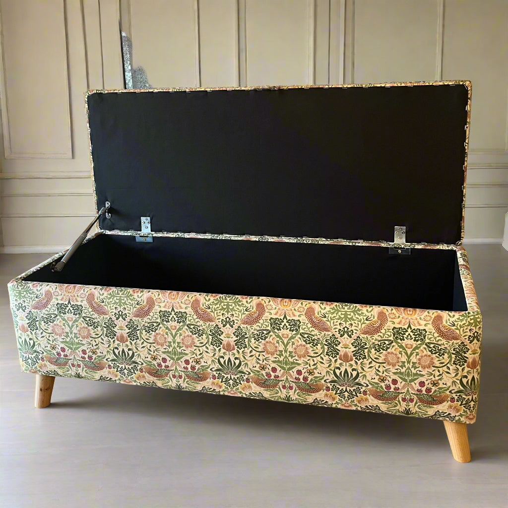 Storage Ottoman Footstool in Vintage Light Strawberry Thief Velvet