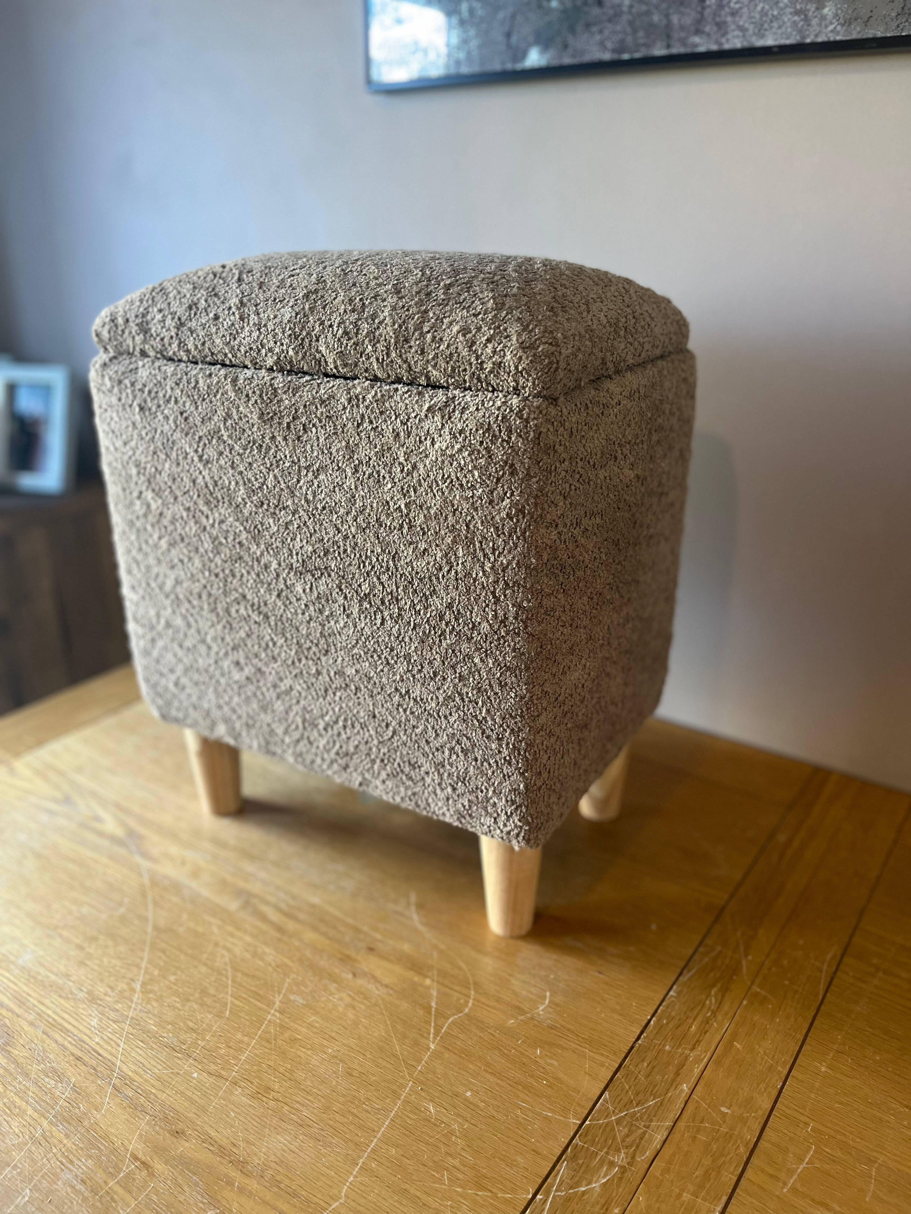 Slim Boucle Dressing Table Stool with Wooden Legs