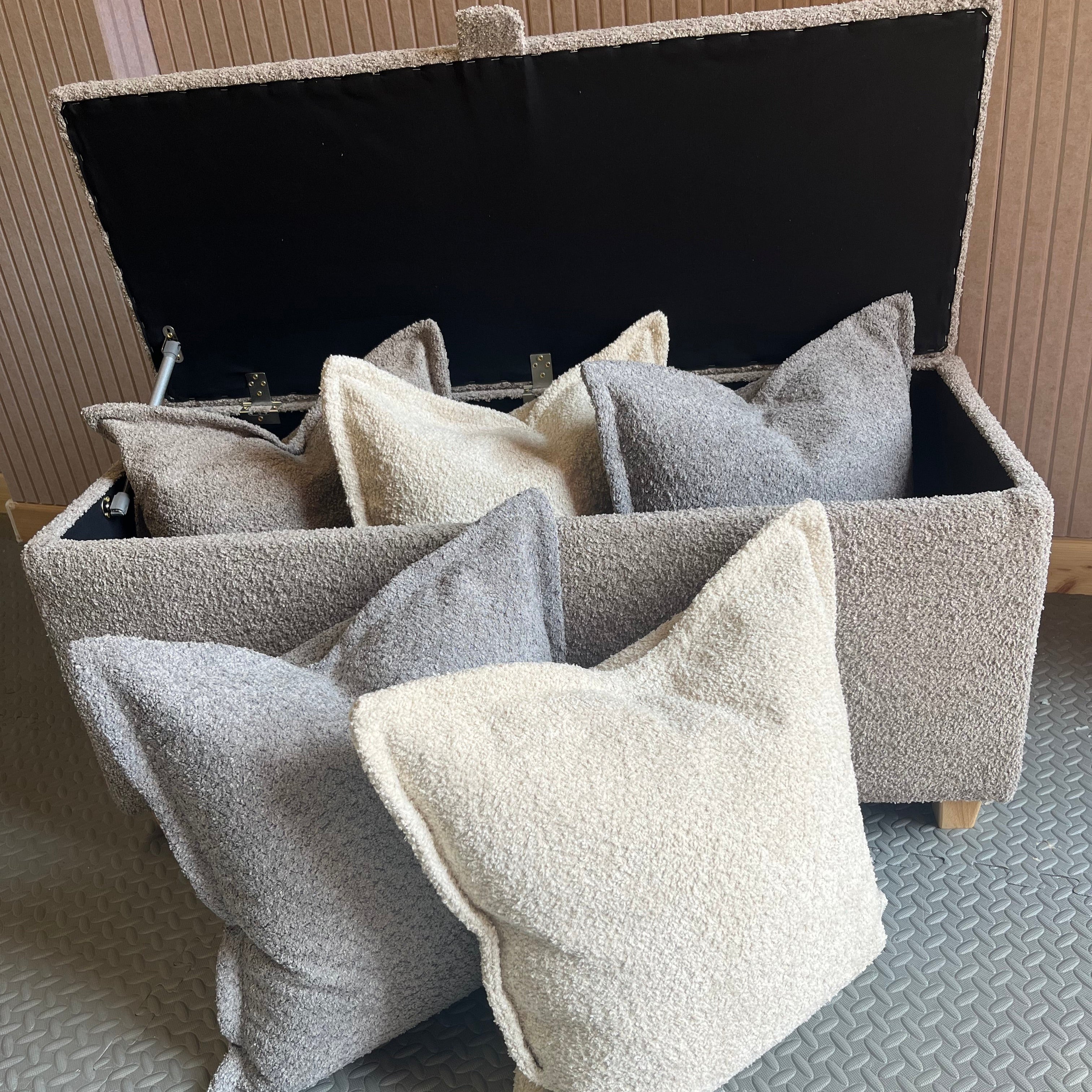 Oval End-Of-Bed Storage Ottoman in Soft Boucle Fabric