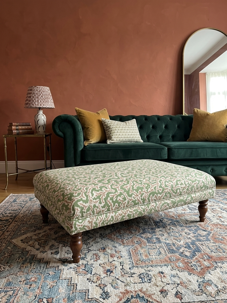 Handmade green and cream upholstered footstool with turned wooden legs, styled as a coffee table ottoman in a living room with a green velvet sofa and heritage style rug.