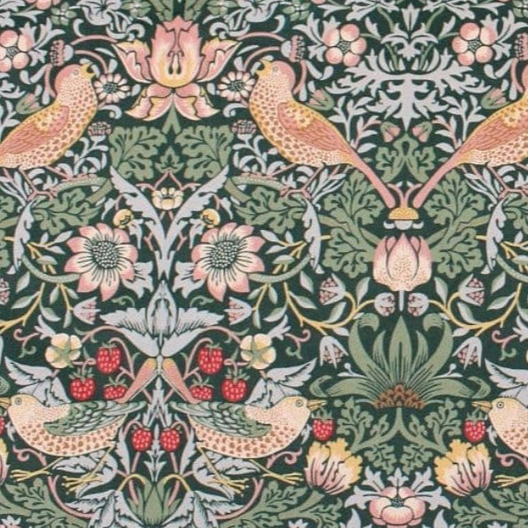 Decorative fabric pattern with birds and flowers on a green background