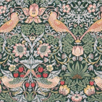 Decorative fabric pattern with birds and flowers on a green background