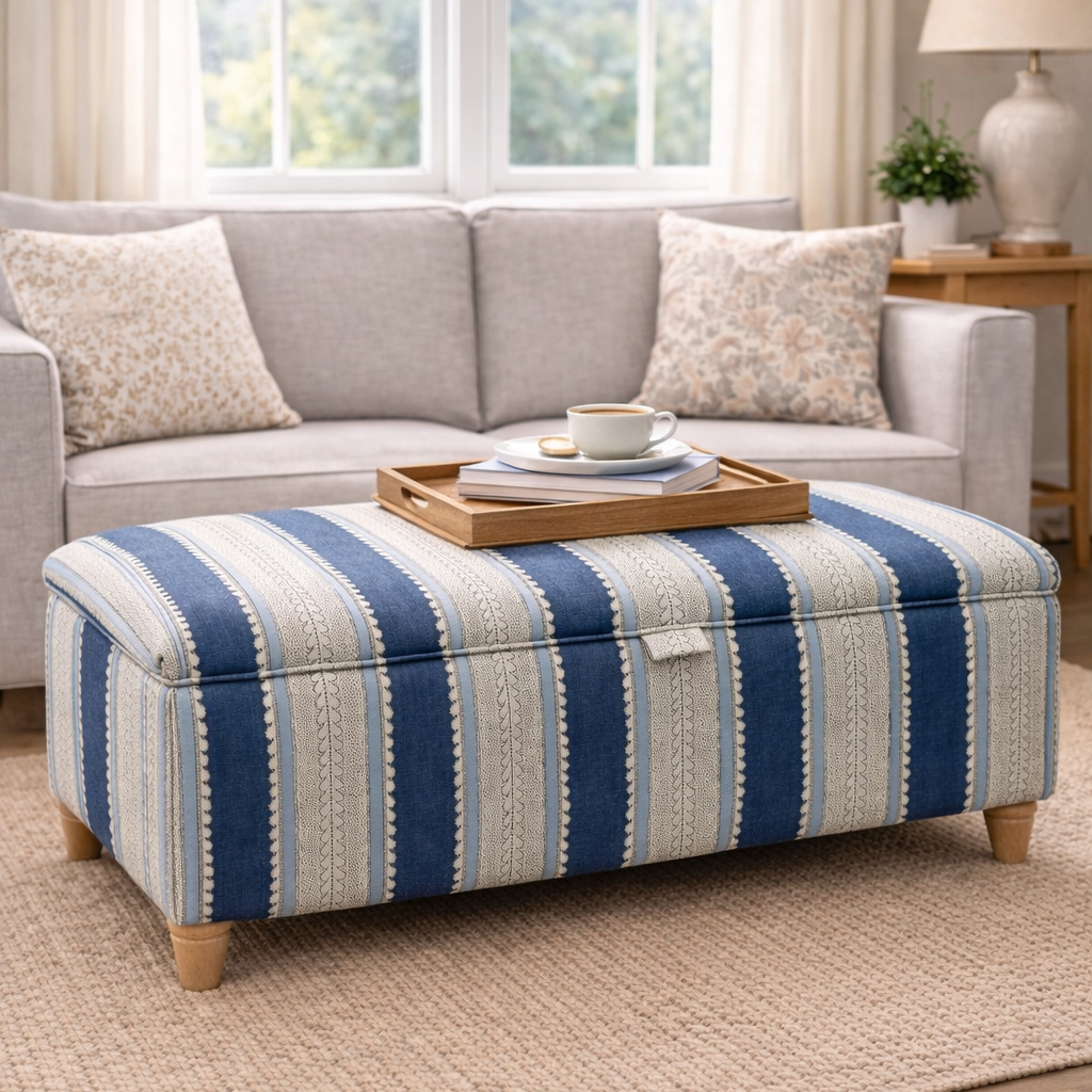 Striped ottoman in a living room with a coffee table and cushions.