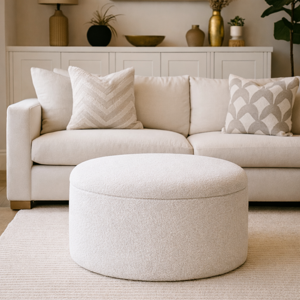 Ivory storage ottoman on the floor with a sophisticated living room setting