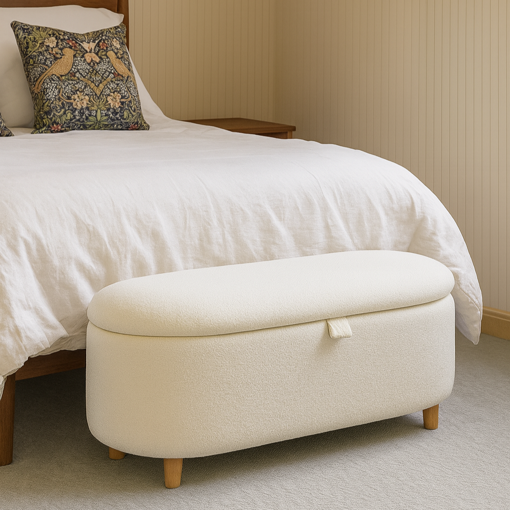 White ottoman with wooden legs in front of a bed with white bedding and a decorative pillow.