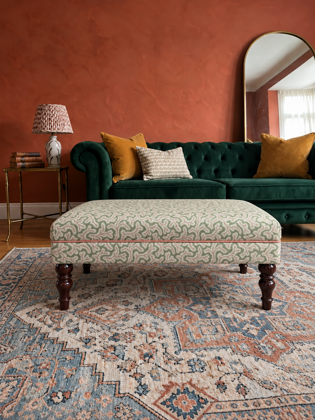 A patterned upholstered ottoman with dark wooden legs sits on a large vintage-style area rug in front of a deep green velvet sofa with mustard yellow and cream pillows, set against a terracotta stucco wall.
