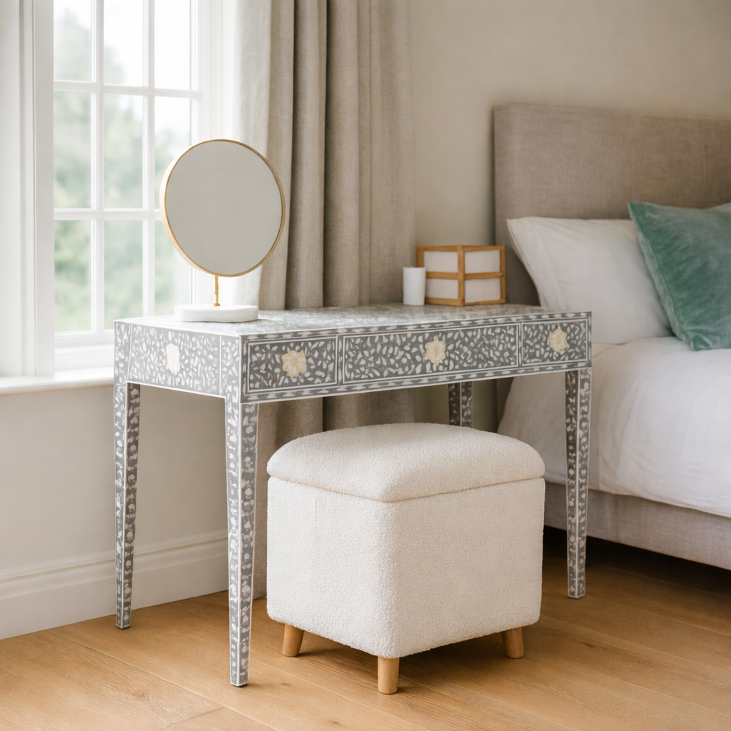 modern classy bedroom with a desk and a white ivory storage stool chair. 