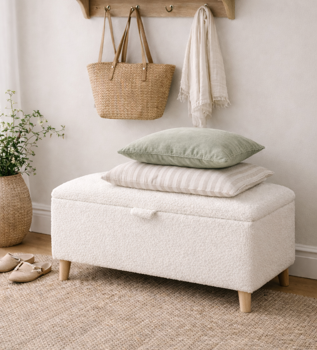 White storage bench with pillows in a room with a plant, shoes, and bags.