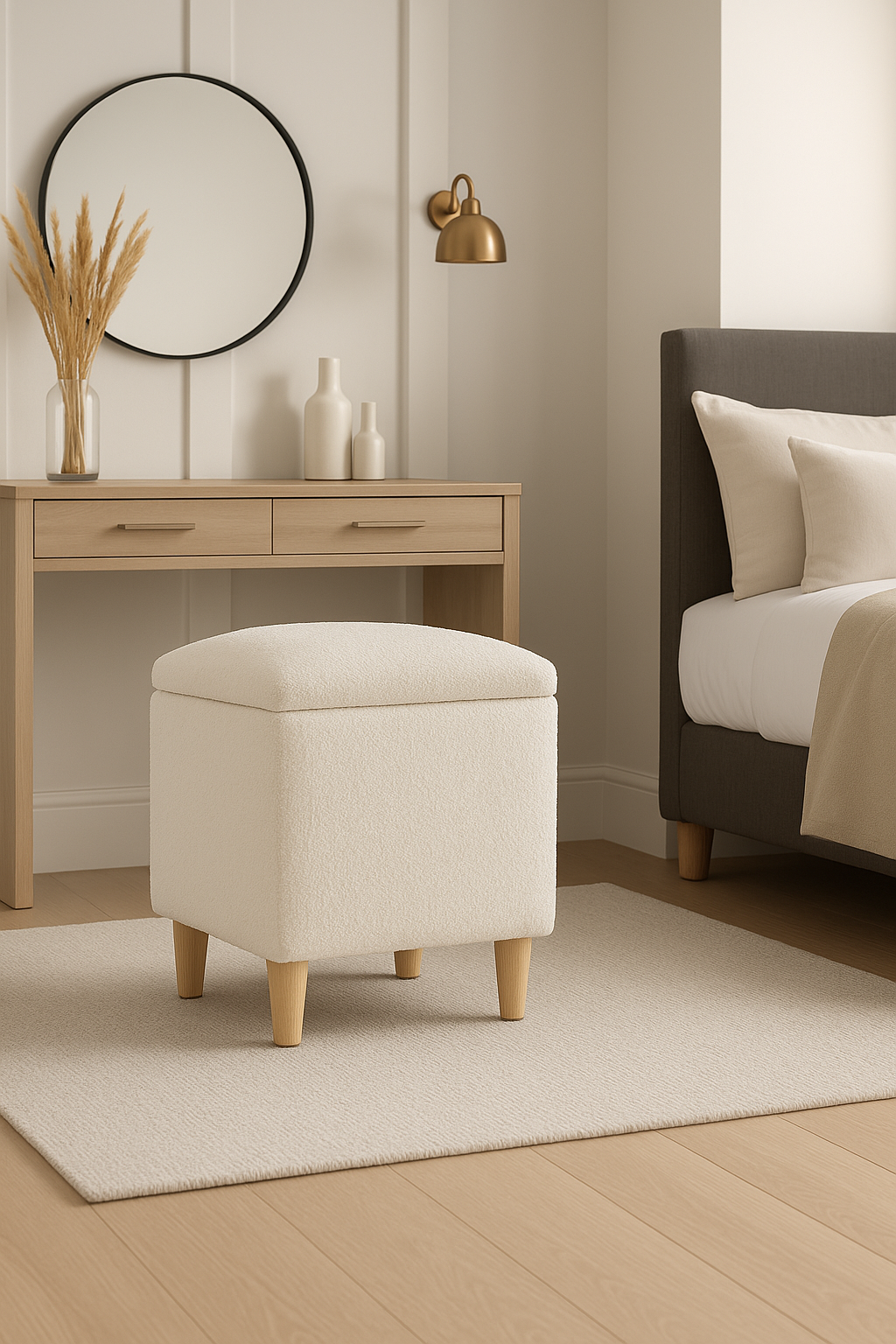Ivory boucle storage ottoman in a bedroom setting with a bed, dresser, and wall lamp.