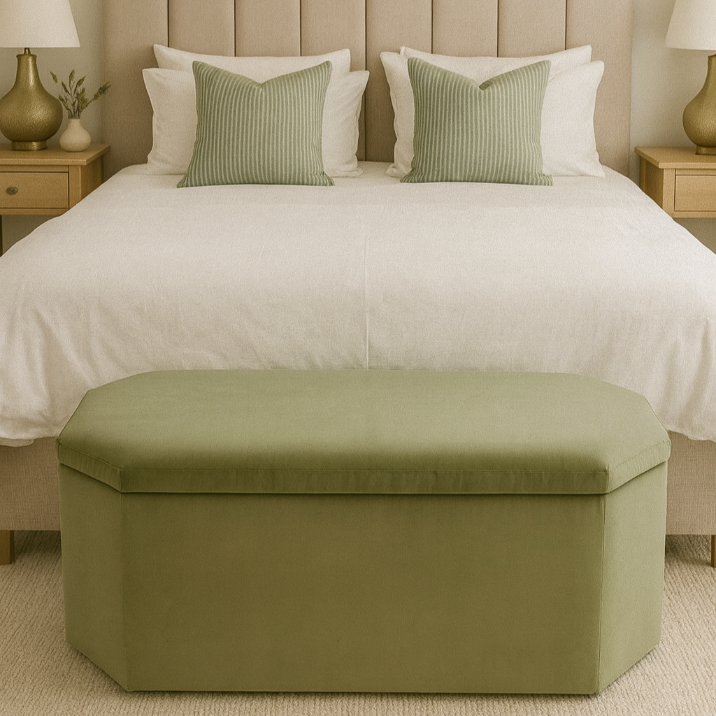Bedroom with a bed featuring green and white pillows and a green ottoman at the foot of the bed.