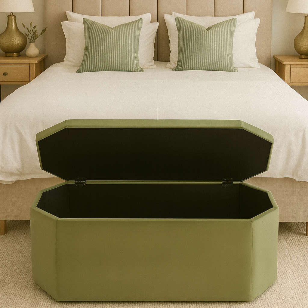 Green hexagonal storage ottoman in front of a bed with beige headboard and white bedding.