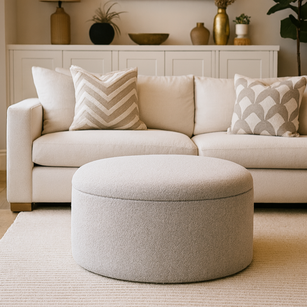 Living room with beige sofa, round circle ottoman, and decorative items.