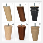 Six wooden furniture legs in different colors and designs on a white background.
