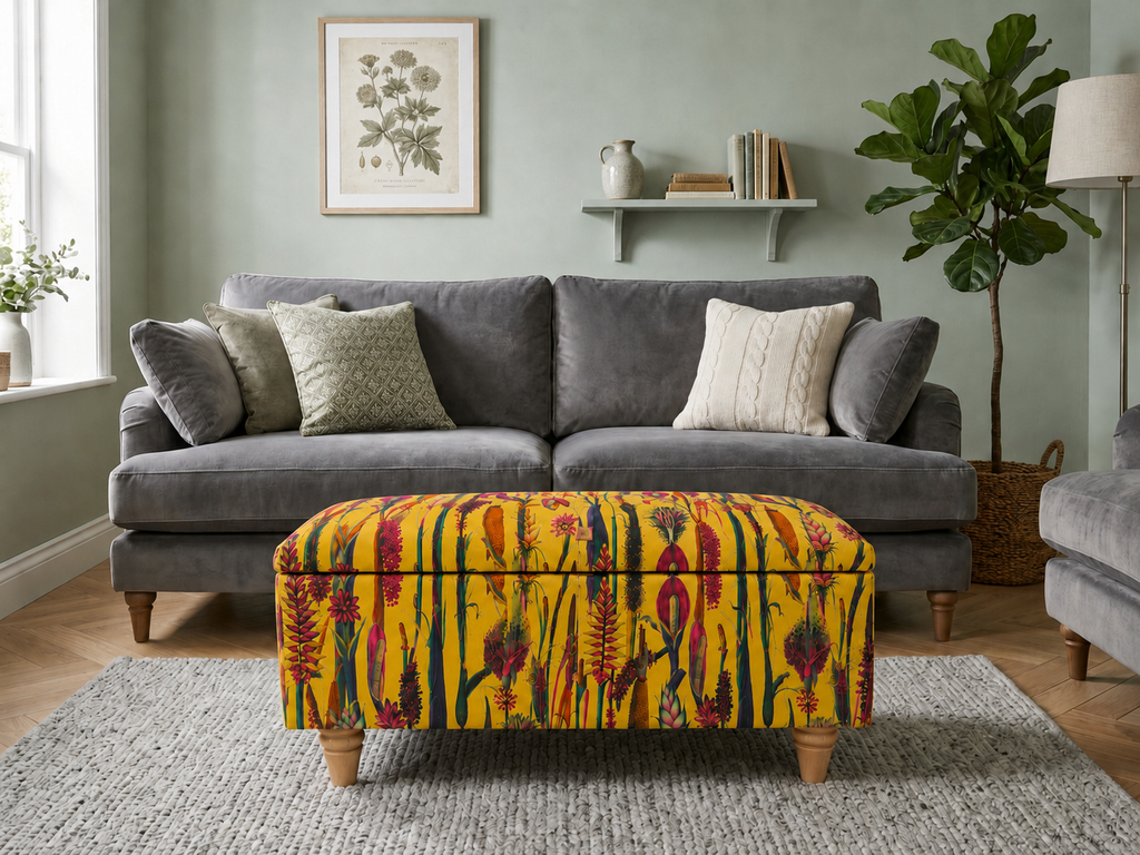 A gray fabric sofa in a styled living room setting, featuring a vibrant yellow ottoman with a botanical pattern in the foreground, a gray rug, and a potted fiddle-leaf fig plant on the right.