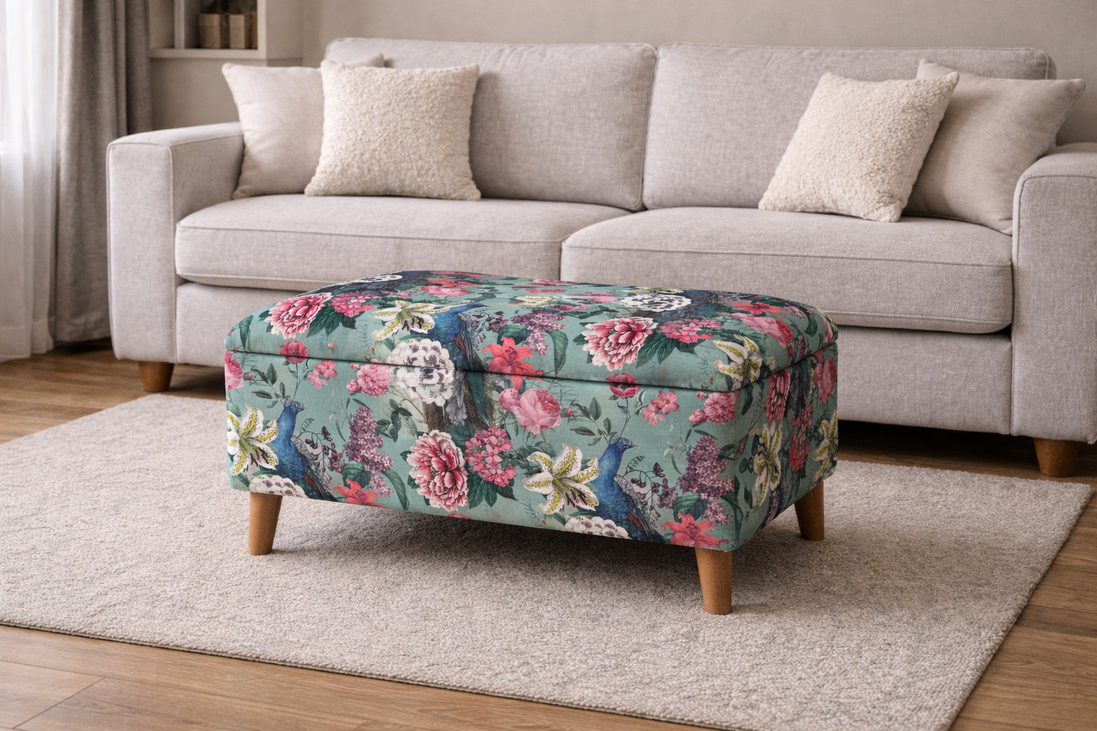 Blue Peacock Floral-patterned ottoman in front of a gray sofa on a wooden floor.