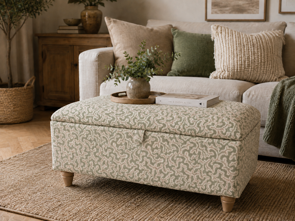 An upholstered storage ottoman with a light pink and sage green wavy pattern, styled in a cozy living room setting with a sofa, decorative pillows, and a small plant on top.