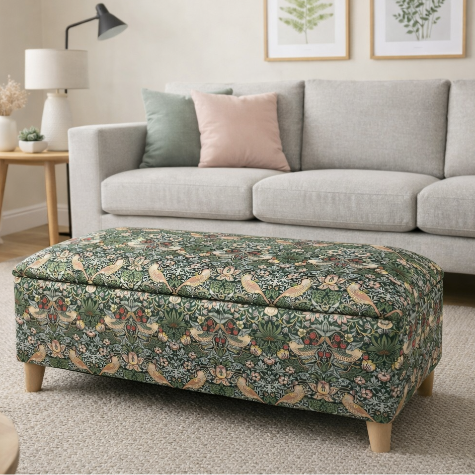 Floral-patterned William morris ottoman in a living room with a gray sofa and decorative pillows.