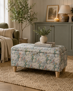 Modern neutral living room with a William morris golden lily ottoman in light lilac haze.